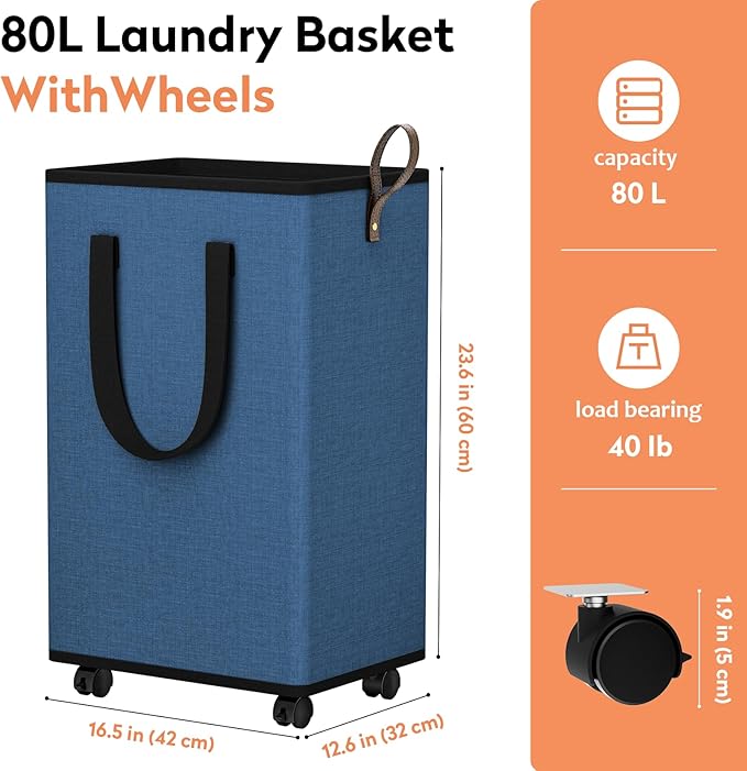 SpaceTrove Laundry Basket with Wheels, Collapsible Laundry Baskets, Laundry Hamper with Handles Detachable Wheels, Rolling Laundry Basket, Dirty Clothes Hamper for Bathroom, Dorm, Bedroom, Navy, 80L