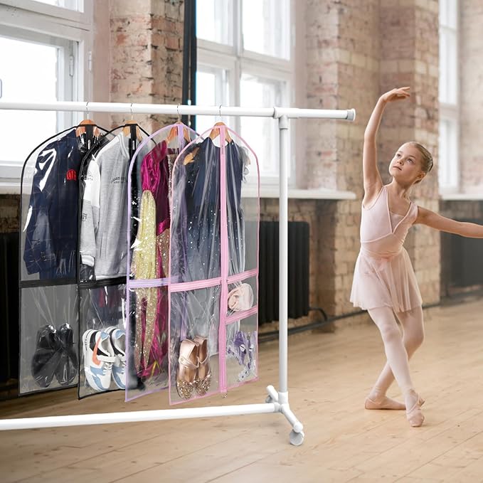 Clear Garment Bags for Dance Costumes, 40” Dance Garment Bags for Dancers, Kids Garment Bag for Dance Competitions with 3 Zipper Pockets, Garment Bags for Hanging Clothes, 6 Pack, Black