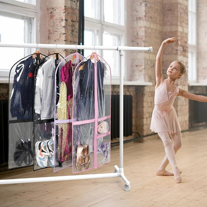Clear Garment Bags for Dance Costumes, 40” Dance Garment Bags for Dancers, Kids Garment Bag for Dance Competitions with 3 Zipper Pockets, Garment Bags for Hanging Clothes, 6 Pack, Purple