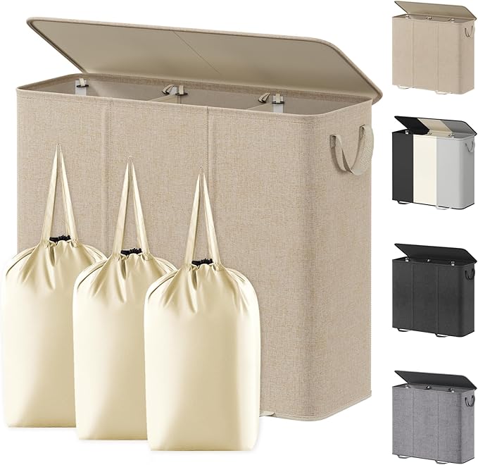 Lifewit Triple Laundry Hamper with Lid and Removable Laundry Bags, Large Collapsible 3 Dividers Dirty Clothes Basket with Handles for Bedroom Laundry Room Closet Bathroom College, 185L Beige