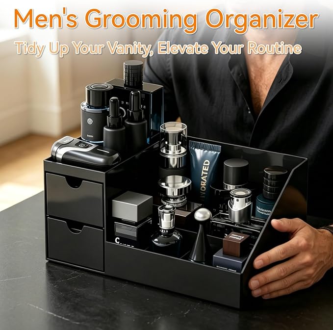 Yieach Mens Cologne Organizer With Drawers,Large Acrylic Perfume Organizer,Fragrance Shelf for Men Room Decor,Black Makeup Organizers and Cologne Holder for Mens Vanity,Bathroom Countertop and Dresser