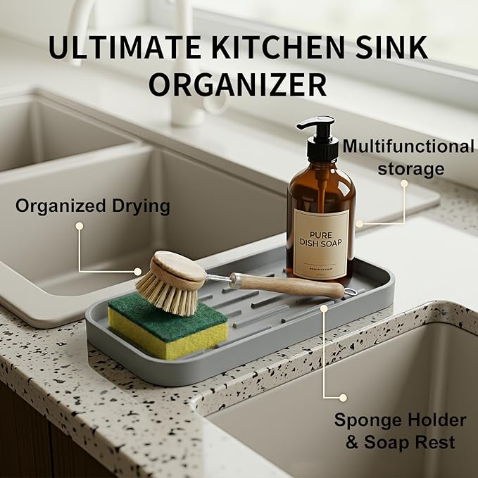 Silicone Organizer Tray, Soap and Sponge Holder for Kitchen Sink, Bathroom - Storage Tray for Dish Brush, Soap Dispenser, Dishwashing Accessories-(Gray 1 Pack, 10"x5.3")