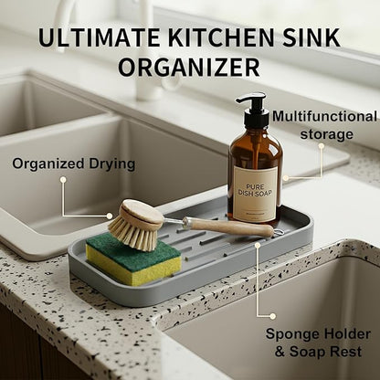 Silicone Organizer Tray, Soap and Sponge Holder for Kitchen Sink, Bathroom - Storage Tray for Dish Brush, Soap Dispenser, Dishwashing Accessories-(Gray 1 Pack, 10"x5.3")