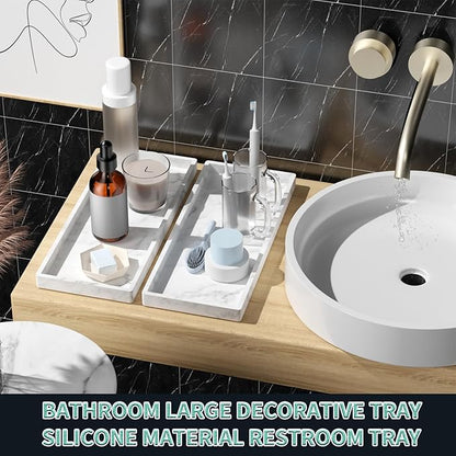 BBK Bathroom Vanity Tray 11.8 in- 2 Pack(Large) Silicone Bathroom Tray for Counter, Perfume Key Trinket Ring Tray, Decor Soap Dispenser Countertop Tray for Kitchen Sink Organization(Faux Marble Look)