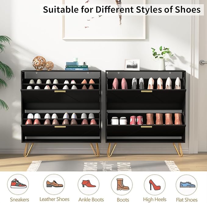 JOZZBY Shoe Cabinet for Entryway Slim Set of 2, Black Shoe Cabinet with 2 Flip Drawers, Narrow Shoe Slim Shoe Storage Cabinet Entryway, Hallway, Living Room