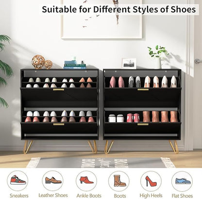 JOZZBY Shoe Cabinet for Entryway, Black Narrow Shoe Storage Cabinet with 2 Flip Drawers, Wooden Hidden Freestanding Shoe Rack Organizer for Hallway, Living Room