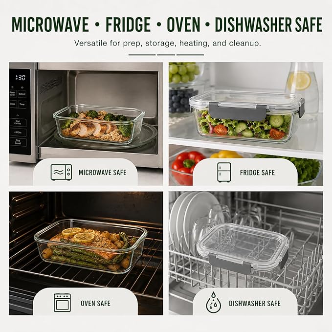5 Pack 36oz Borosilicate Glass Food Storage Containers Set with Lids, Freezer Meal Prep Containers, Airtight Bento Lunch Container Set, Oven, Freezer and Dishwasher Safe, BPA Free, Kitchen Storage Set