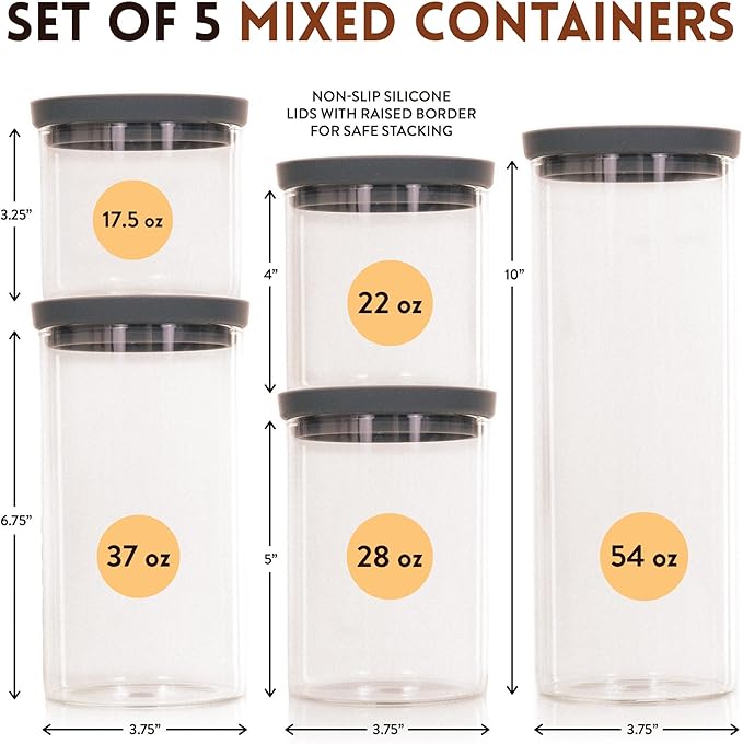 Glass Kitchen Storage Containers with Airtight Silicone Lids, BPA-Free Pantry Glass Jars with Airtight Lid for Pantry Meal Prep, Pasta and Food – Set of 5 with Portion Tool