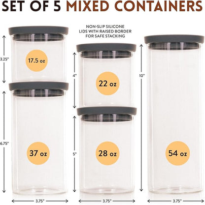 Glass Kitchen Storage Containers with Airtight Silicone Lids, BPA-Free Pantry Glass Jars with Airtight Lid for Pantry Meal Prep, Pasta and Food – Set of 5 with Portion Tool