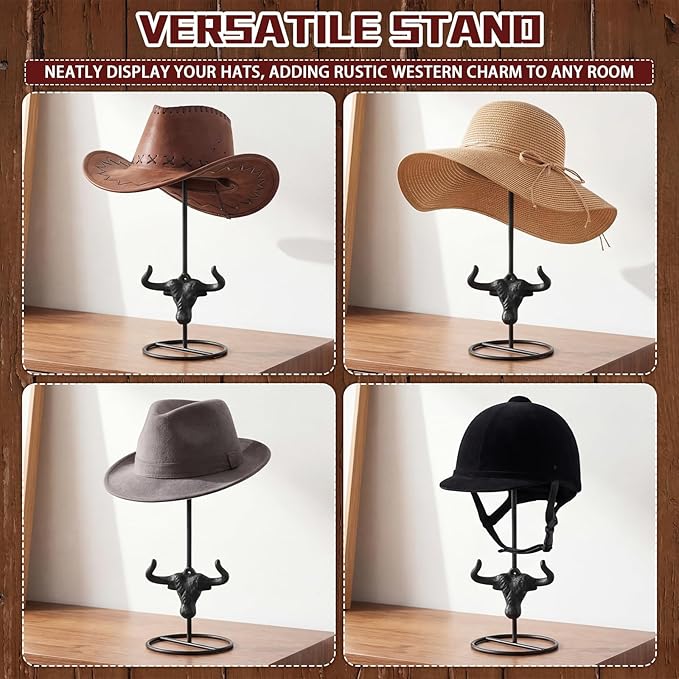 Chunful 2 Pcs Cowboy Hat Stand Display Father Day Bulk Gifts Western Metal Longhorn Hook Rack Vintage Rustic Hat Holder Rack Organizer for Display Tabletop Desk Organization Father Cowboy Western Gift