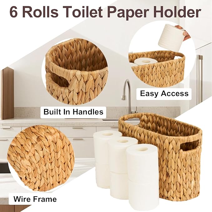FairyHaus Wicker Toilet Paper Storage Basket with Buit-in Handles, 6 Rolls Natural Water Hyacinth Toilet Paper Holder Stand with Storage, Freestanding Handwoven Toilet Paper Holder Basket for Bathroom