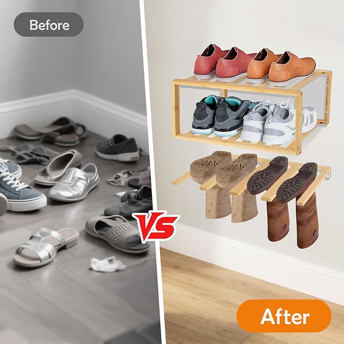 Boot Hangers Hanging Shoe Rack Wall Mounted Floating Tall Boot Holder, Bamboo Wader Organizer 3-Tier Display Shoe Rack, Holds 6 Pairs, for Entryway, Hallway, Bedroom, Garage