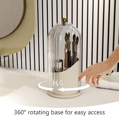 Makeup Brush Holder with Dustproof Cover 360 Rotating Makeup Brush Organizer for Vanity Bathroom, White/Beige