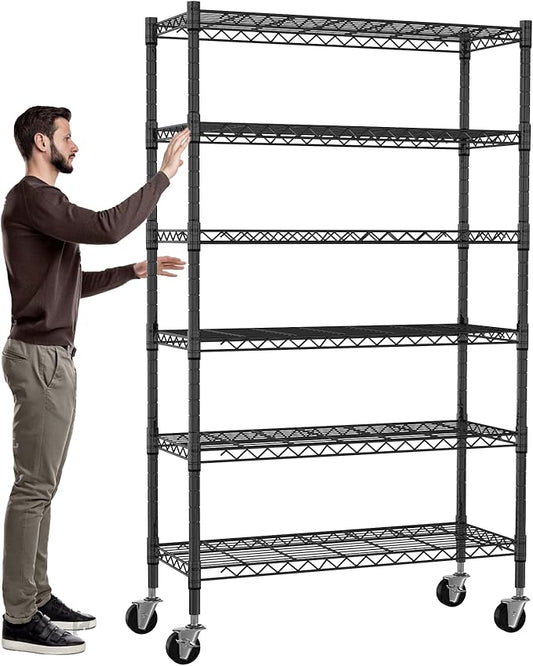 Storage Shelves with Wheels 6 Tier Wire Shelving Adjustable Metal Shelving Unit Heavy Duty NSF Shelf Capacity 2100lbs for Garage Racks, Kitchen, Closet, Commercial (45"x18"x82", Black)