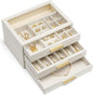 VLANDO Jewelry Box for Women, 3-Layer Jewelry Organizer with Drawers, Glass Lid Display Jewelry Storage, Soft PU Leather Exterior, Contrast Gold Metal Handles, Refined Style - Beige