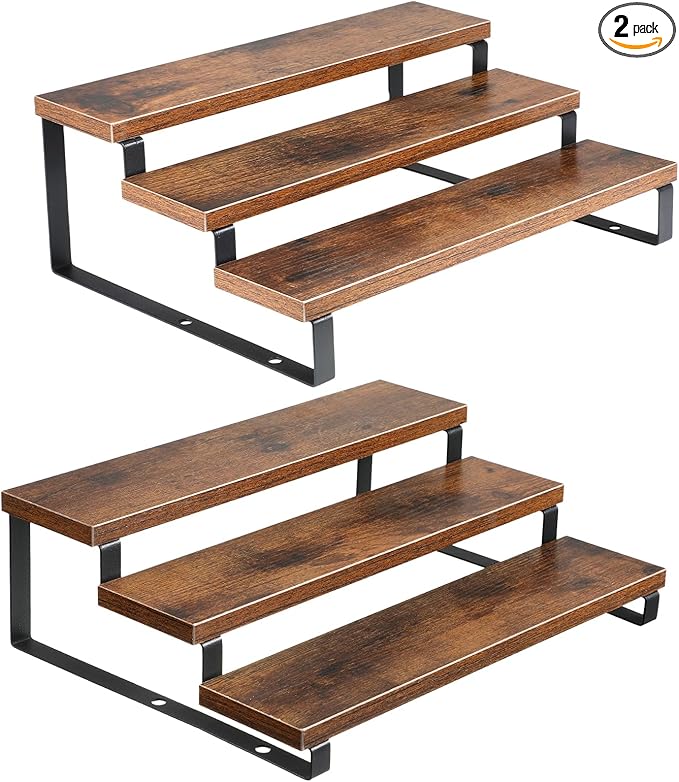 2PCS 3-Tier Spice Rack, 13.8 Inch Wooden Spice Rack for Countertop, Kitchen Countertop Shelf Organizer Spices Shelfs Wooden Display Riser Stand Kitchen Counter Shelf for Spices Bottles, Seasonings