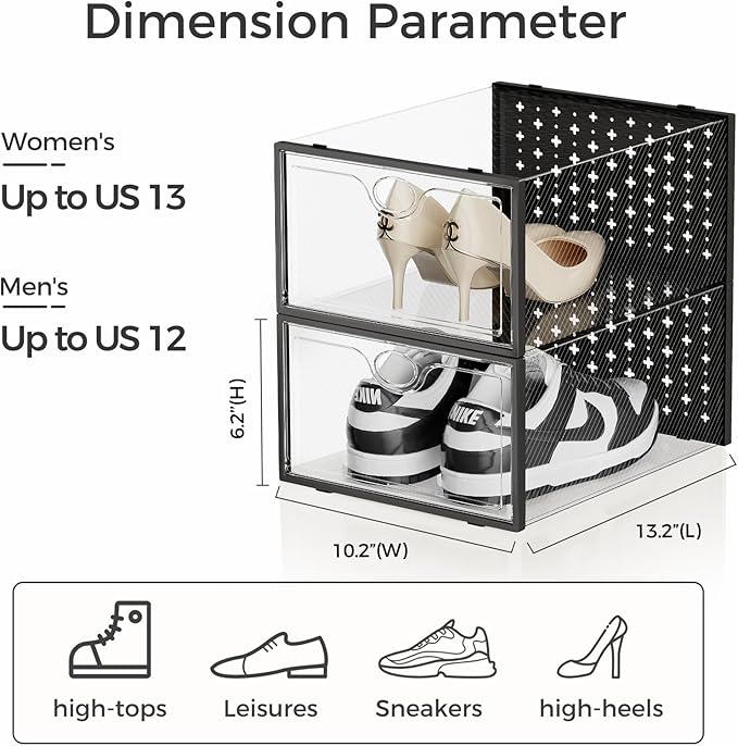 Pinkpum 15 Pack X-Large Shoe Storage Boxes Fit Size 11, Shoe Organizer for Closet Clear Plastic Stackable Shoe Dispaly Case Bins Holder, Sneaker Storage for Sneakerheads Black