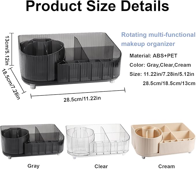 DASITON Large Capacity Makeup Organizer with 360° Rotating Makeup Brush Holder, Multi-Compartment Skincare and Cosmetic Storage for Vanity, Bathroom Countertop, Dresser, Desktop Storage Box (Gray)