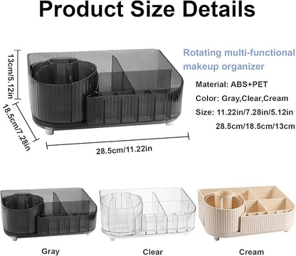 DASITON Large Capacity Makeup Organizer with 360° Rotating Makeup Brush Holder, Multi-Compartment Skincare and Cosmetic Storage for Vanity, Bathroom Countertop, Dresser, Desktop Storage Box (Gray)