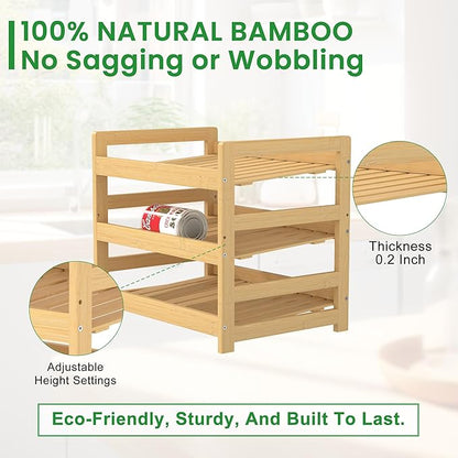 Bamboo Rolling Can Organizer for Pantry, Stackable 3 Tier Canned Food Storage Rack for Kitchen Can Storage Organizer Set with Can Opener & Hooks for Cabinet & Countertop, Holds up to 36 Cans