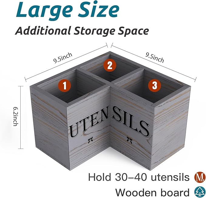 Suli Extra Large Kitchen Utensils Holder with 3 Compartments,Corner Shelf,Wooden Utensil Organizer for Kitchen Countertop, Farmhouse Decor, Rustic Cooking Utensil - Grey grain