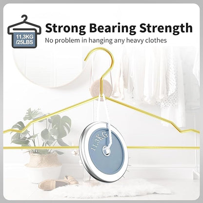 SPECILITE Metal Wire Clothes Hangers Bulk 100 Pack with Notches for Standard Size Coats, Shirts, Suits, Pants, Heavy Duty, Space-Saving, Gold