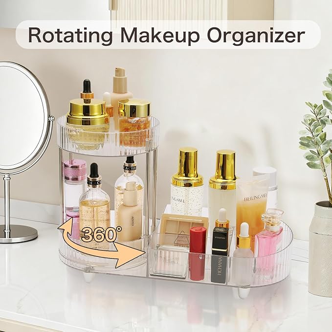 Makeup Organizer Rotating Perfume Tray 5-compartment Cosmetic and Skincare Organizers Makeup Brush Holder for Bathroom Vanity Bedroom Counter Countertop (Transparent-Silver Foot Mat)
