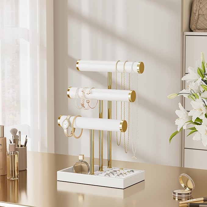 bussdis 3 Tier Bracelet Holder Display - White Leather Bracelet Holder, Detachable T Bar Jewelry Holder Organizer for Bracelet, Necklace, Earrings, Rings, Watches, Bangle