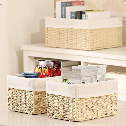 Vagusicc Wicker Basket, Set of 3 Hand-woven Storage Baskets for Organizing, Decorative Bathroom Wicker Storage Basket Bins with Handles, Small Toilet Paper Storage Baskets for Shelves & Decor, Beige