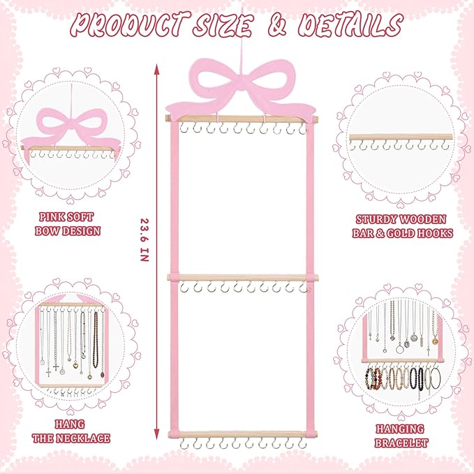 Sliner Pink Bow Hanging Jewelry Organizer Coquette Necklace Holder Wall Mounted with 30 Hooks Jewelry Hanger over Door Necklace Rack for Earrings Bracelets Headband Rings Women Bedroom Decor