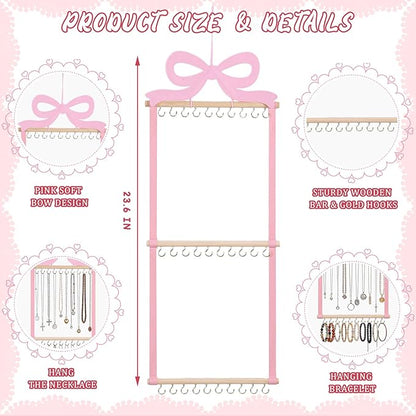 Sliner Pink Bow Hanging Jewelry Organizer Coquette Necklace Holder Wall Mounted with 30 Hooks Jewelry Hanger over Door Necklace Rack for Earrings Bracelets Headband Rings Women Bedroom Decor