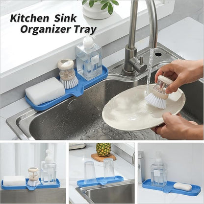MicoYang Silicone Bathroom Soap Dishes with Drain Spout-Bathroom and Kitchen Sink Organizer,Sponge Holder,Dish Soap Tray,Perfect for Dispenser,Scrubber,Bottle,Cup on Sink or Counter-Lichen Blue 12"×4"
