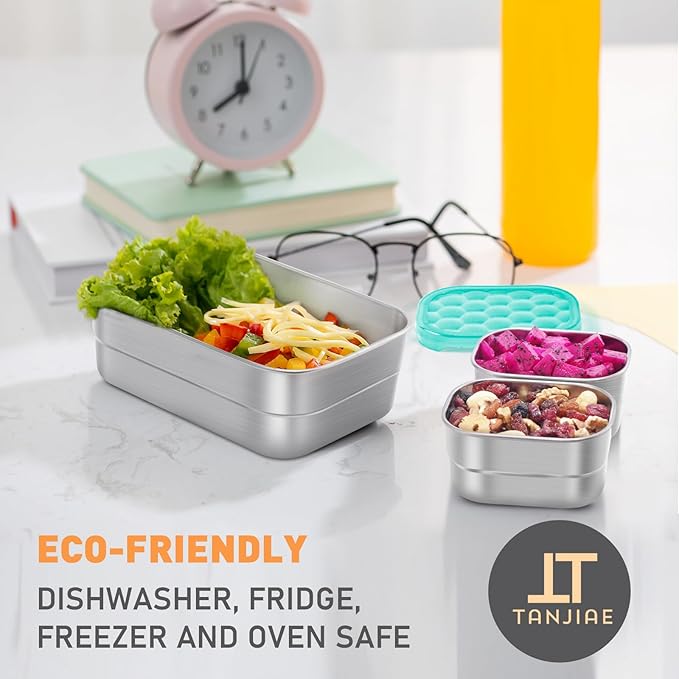 Tanjiae Small Stainless Steel Lunch Containers for Kids | Leak Proof Food Containers with Silicone Lids - Perfect Metal Food Containers with Lids for Kids School and Toddler Daycare (25oz+8oz*2)