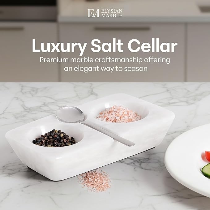 Marble Salt and Pepper Dish with Spoon, Handcrafted Double Spice Tray with 2 Compartments, Natural Stone Condiment Dish for Cooking Prep and Serving - White