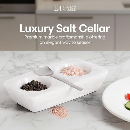 Marble Salt and Pepper Dish with Spoon, Handcrafted Double Spice Tray with 2 Compartments, Natural Stone Condiment Dish for Cooking Prep and Serving - White