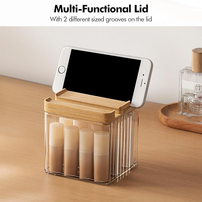 Poeland Lipstick Organizer, Desktop Storage Box with Lid and Divider, Cosmetic Organizer for Lipsticks, Small Skin Care Products, Cosmetics