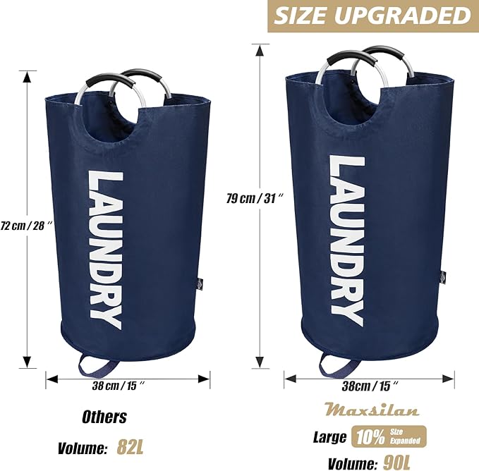 Maxsilan 90L Large Laundry Basket, Freestanding Tall Clothes Hamper, Collapsible Laundry Bag, Dark Blue