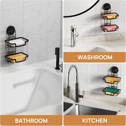 LEVERLOC Double Layer Soap Dish, Bar Soap Holder for Shower Wall, Vaccum Suction Cup Sponge Holder for Bathroom Tub Kitchen Sink, Stainless Steel, Waterproof, Removable, Black