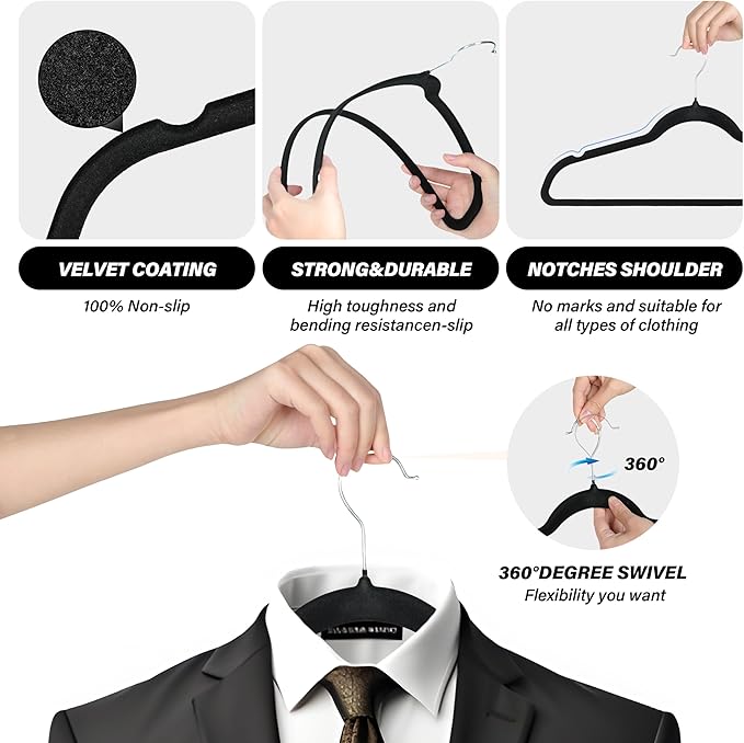 Simple Deluxe Velvet Hangers 50 Pack, Non-Slip Clothes Hangers with Shoulder Notches, 360° Swivel Hooks, Heavy Duty Coat Suit Hangers for Closet Space Saving, Black