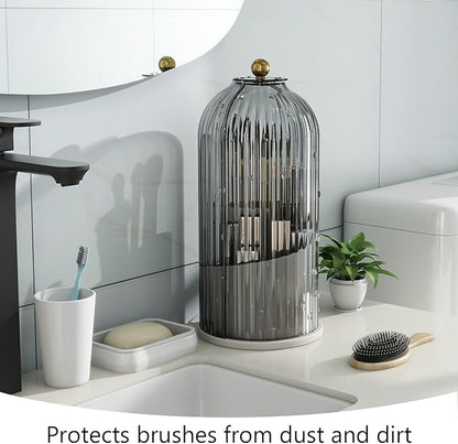 Makeup Brush Holder with Dustproof Cover 360 Rotating Makeup Brush Organizer for Vanity Bathroom, Grey