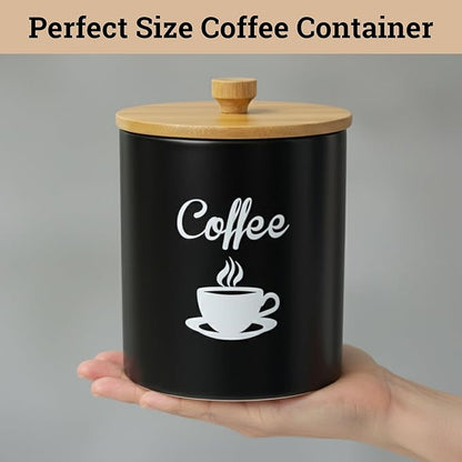 Ceramic Coffee Canister - 12 oz Black Airtight Canister - 5 x 6 inch Coffee Bean Storage Container - Stylish Countertop Container for Grounds, Beans, Pods & More with Rubber-Lined Bamboo Lid