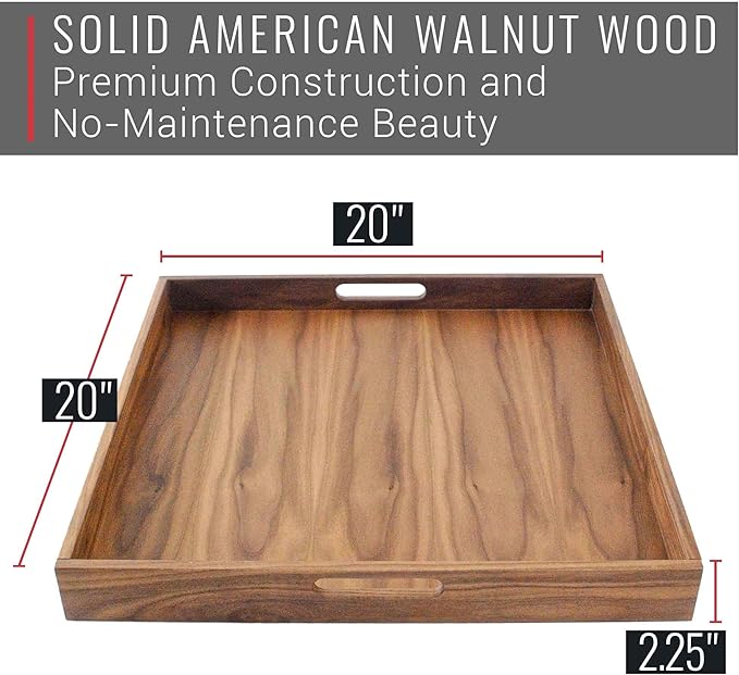 Virginia Boys Kitchens Walnut Wood Serving Tray with Handles - Serve Coffee, Tea, Cocktails, Appetizers, Breakfast in Bed or for Ottomans or Desk - 20x20 Square