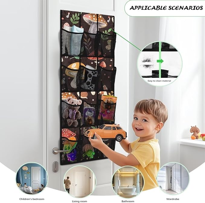 12-Pocket Over the Door Organizer,Space-Saving Hanging Rack for Shoes, Toys, Spices - Non-Woven Fabric with PVC Windows,Mushrooms