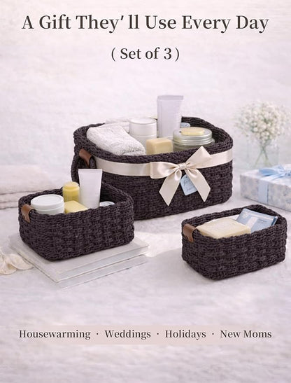 Storage Basket, Recycled Paper Rope Basket Organizer, 3Pcs Small Baskets for Organizing, Mini wicker Basket for Decorative Storage Bins, Shelves, Cabinet - Dark Brown