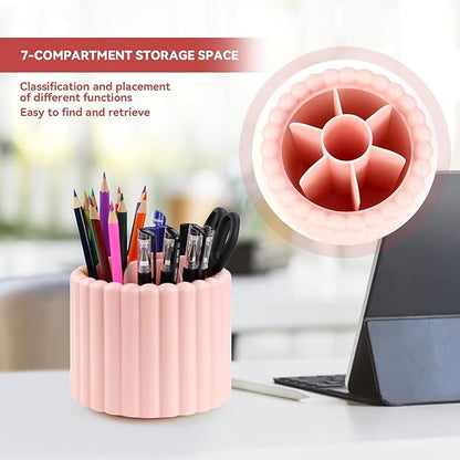 yuntop 1 Pack 360° Rotating Makeup Brush Organizer, 7 Slot Make up Brush Holder for Vanity, Dresser, Desk (Pink)