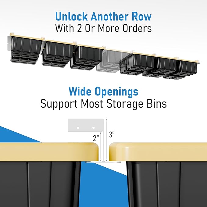 USA Based Overhead Garage Storage Rack, Connectable Heavy Duty Metal Ceiling Rails Garage Storage Organization Shelving System, Hanging Racks Tote Containers, Supports Up To 3 Bins, 2 Sets White