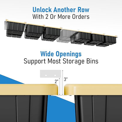 USA Based Overhead Garage Storage Rack, Connectable Heavy Duty Metal Ceiling Rails Garage Storage Organization Shelving System, Hanging Racks Tote Containers, Supports Up To 3 Bins, 2 Sets White