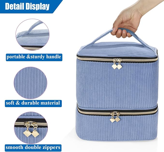 CTWWFS Corduroy Nail Polish Organizer and Nail Lamp Case, Nail Kit Organizer Holds 30 Bottles (15ml - 0.5 fl.oz) and a Nail Lamp, Nail Polish Carrying Case with Manicure Tools Storage Sections (Blue)