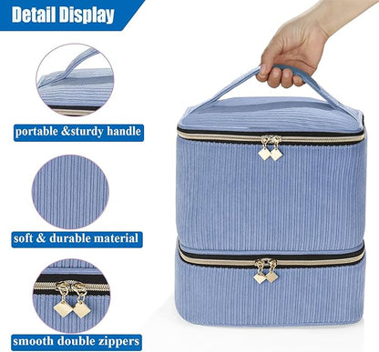 CTWWFS Corduroy Nail Polish Organizer and Nail Lamp Case, Nail Kit Organizer Holds 30 Bottles (15ml - 0.5 fl.oz) and a Nail Lamp, Nail Polish Carrying Case with Manicure Tools Storage Sections (Blue)