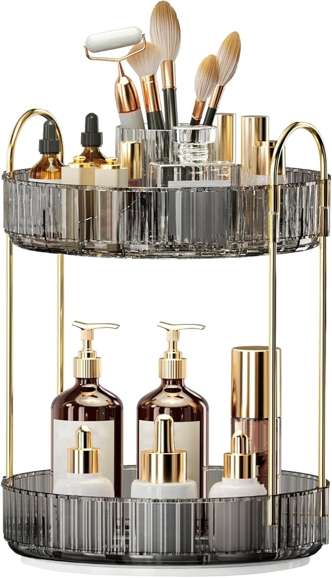 360° Rotating Makeup Organizer, Large-Capacity Skincare Make Up Storage 2 Tier Perfume Organizers Cosmetic Dresser Organizer with Makeup Brush Holder, Fits Bedroom, Bathroom, Vanity Shelf Countertop